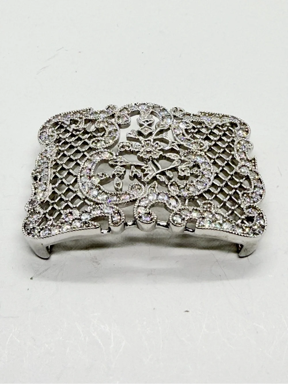 Joseph‎ Esposito ESPO 925 Silver CZ Gem Stones Belt Buckle Openwork Floral Motif
